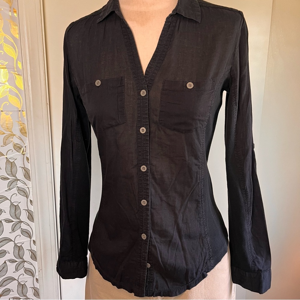 Elan Women's Basic Black Button-Up Cotton Shirt with Jersey Knit Accents, Size S